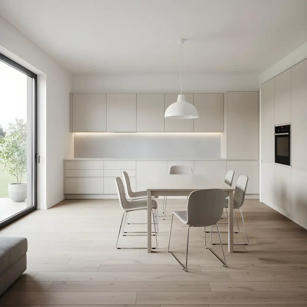 Seamless wood plank flooring in a modern minimalist kitchen and dining area, showcasing professional floor repair and finishing