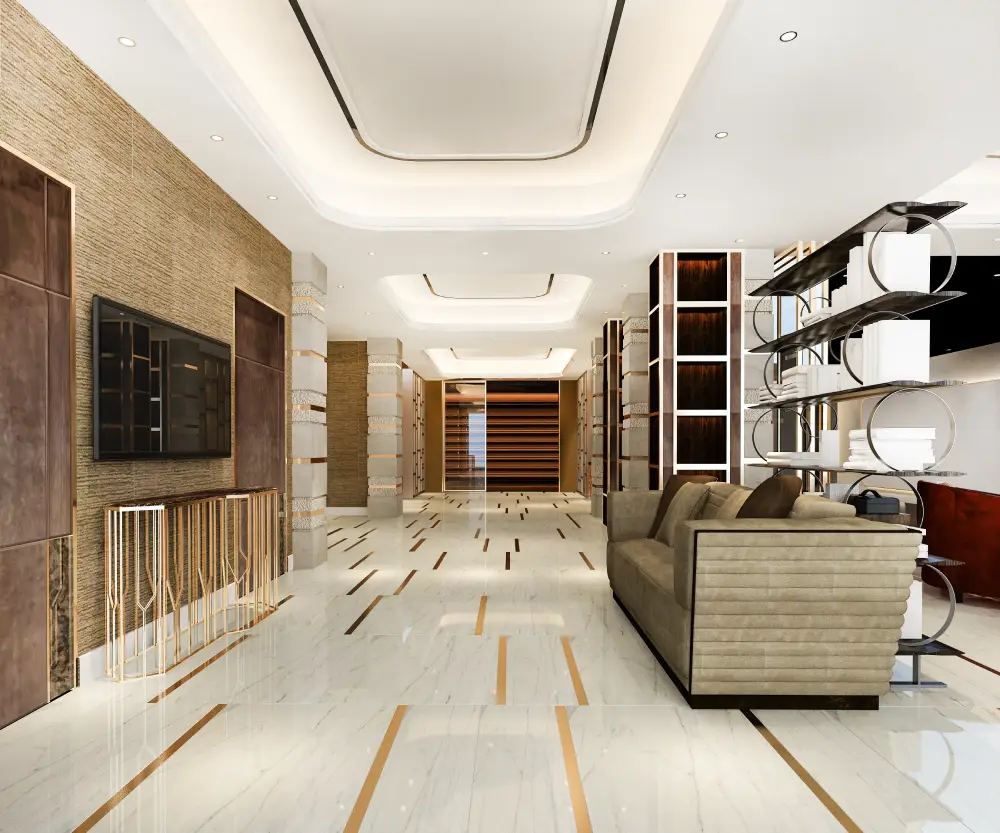 Modern luxury living room featuring light-colored stained hardwood flooring and a stylish seating area