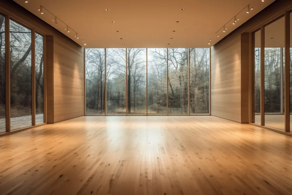 Newly finished light oak hardwood floors in a modern room with large windows