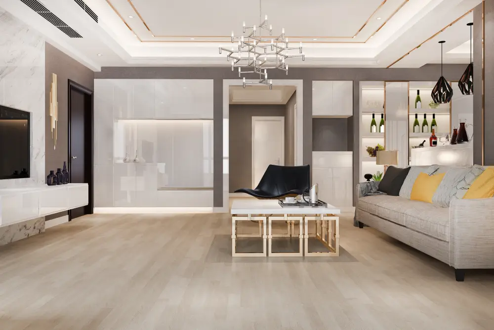 Modern luxury living room featuring light-colored stained hardwood flooring and a stylish seating area